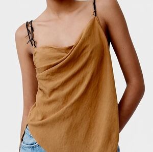 ZARA NWT XS Asymmetrical Draped Tan Cami Minimalist Boho Coastal Festival Top